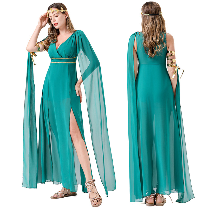 Green Satin Long Dress Hallowe - Ethnic Wear avis et prix